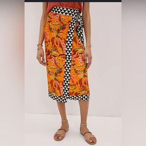 FARM Rio Orange and Black Patterned Midi Skirt